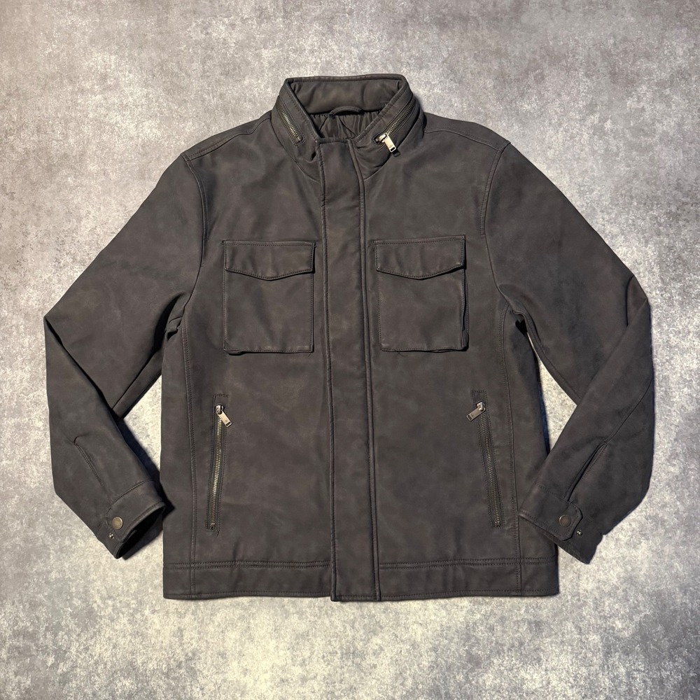 Dockers Mens Faux Leather Military Jacket Dark Gray Full Zip Collar Pockets‎ M